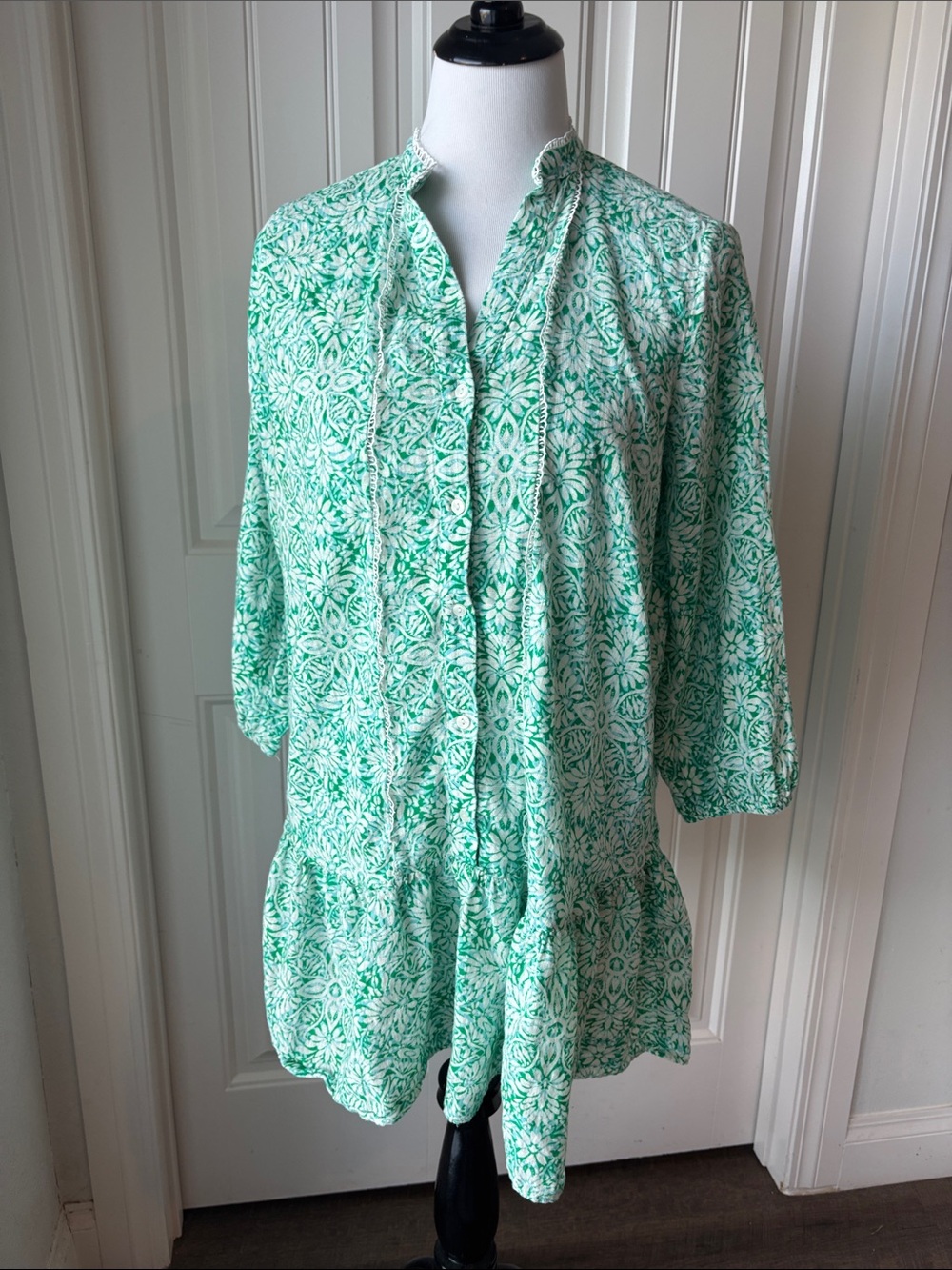 Zara Green Soft Blue Print Dress with Crochet Trim